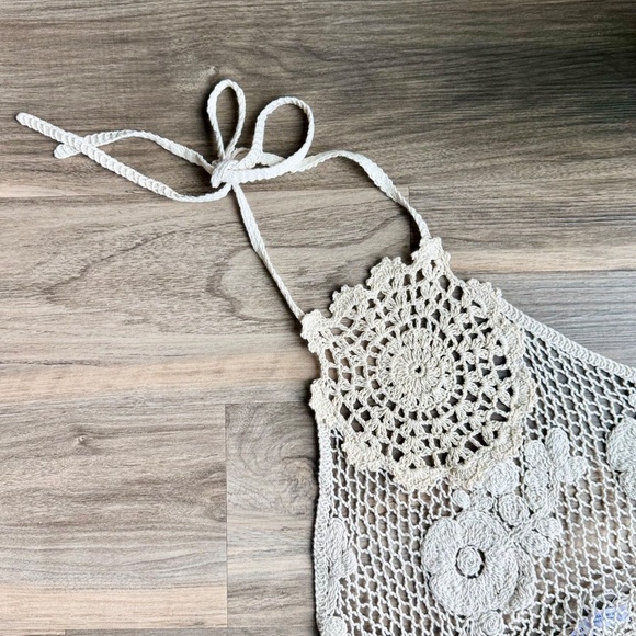 Zara Boho Ecru Floral Cotton Crochet Halter Strappy Top Size S - Picture 3 of 16